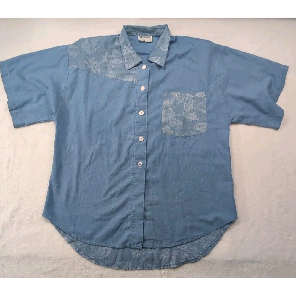 Vintage Monsieur Of Miami Large Blouse Baby Blue Floral Blouse Shoulder Pad 80's